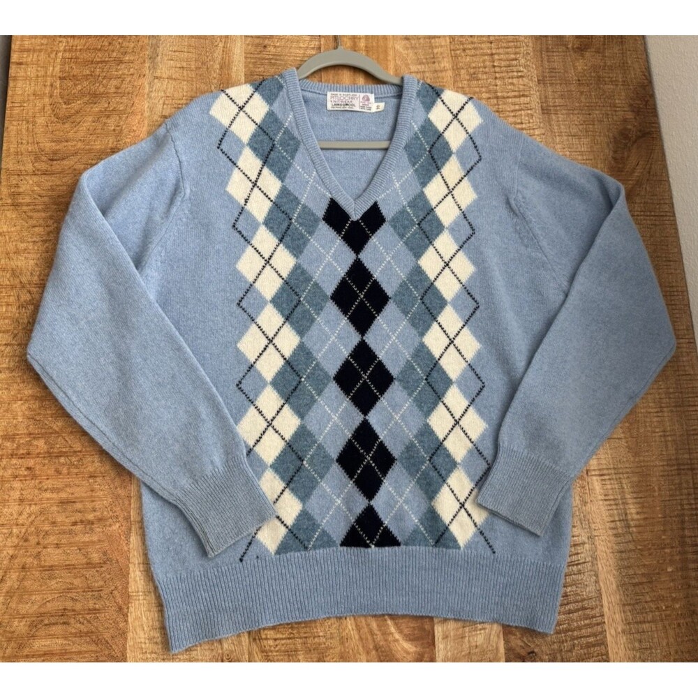 Vintage Pitlochry Men's Blue Argyle Lambswool Jumper Sweater Made Scotland XL/44